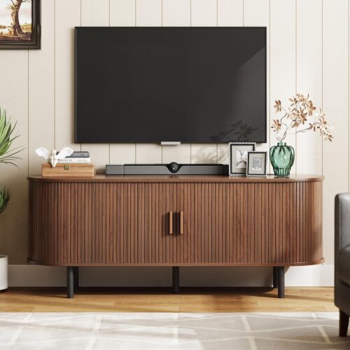 55″ TV Stand with Power Outlet for TVs up to 60 Inch, Entertainment Center with Storage and Adjustable Shelves, Modern Media Console with Sliding Doors for Living Room, Walnut