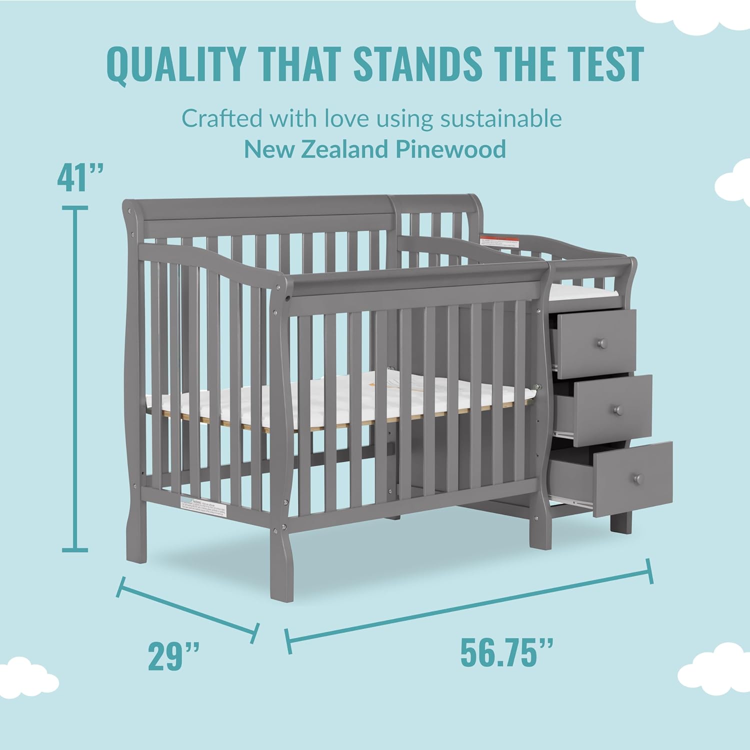 Dream On Me Jayden 4-in-1 Mini Convertible Crib And Changer in Storm Grey, Greenguard Gold Certified, Non-Toxic Finish, New Zealand Pinewood, 1" Mattress Pad - Image 3