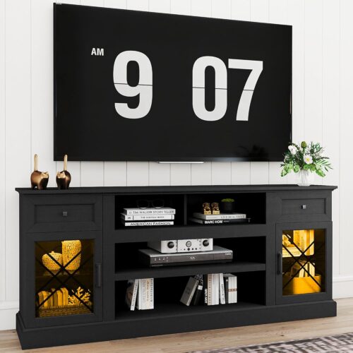 70 Inch Farmhouse TV Stand Table for 75 80 inch TV, Modern Entertainment Center with LED Lights and Glass Doors, Wooden Black TV Stands for Living Room