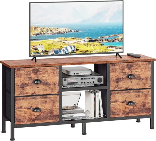 Furologee TV Stand Dresser with 4 Drawers, Television Stand with Open Shelf, Entertainment Center for 50″ TV, Industrial Media Center for Bedroom, Living Room, Rustic Brown