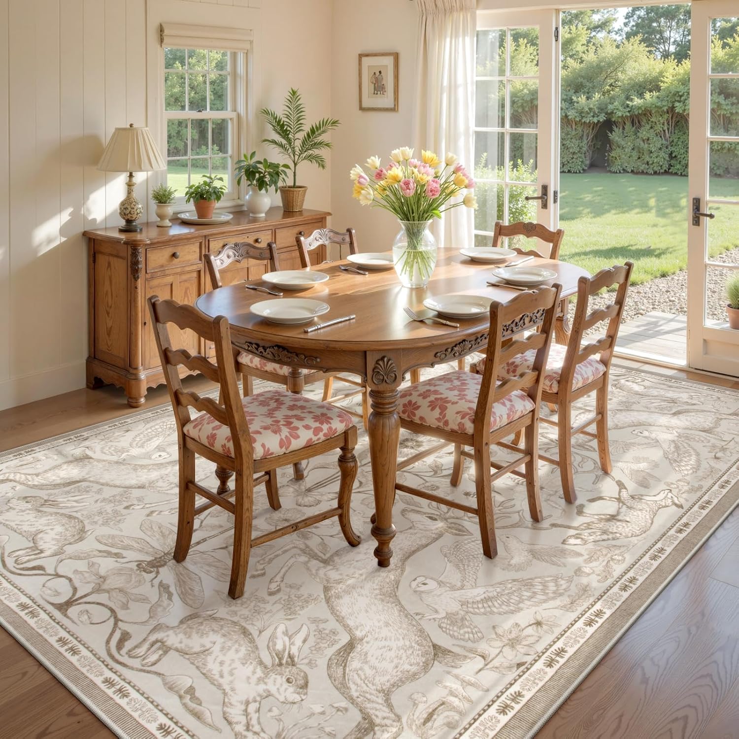 Lahome Boho Animal Washable Rugs for Living Room 8x10, Beige Soft Rugs for Bedroom, Botanical Large Boho Non Slip Dining Room Carpet for Under Table Office Kids Playroom (8x10ft,Beige) - Image 3
