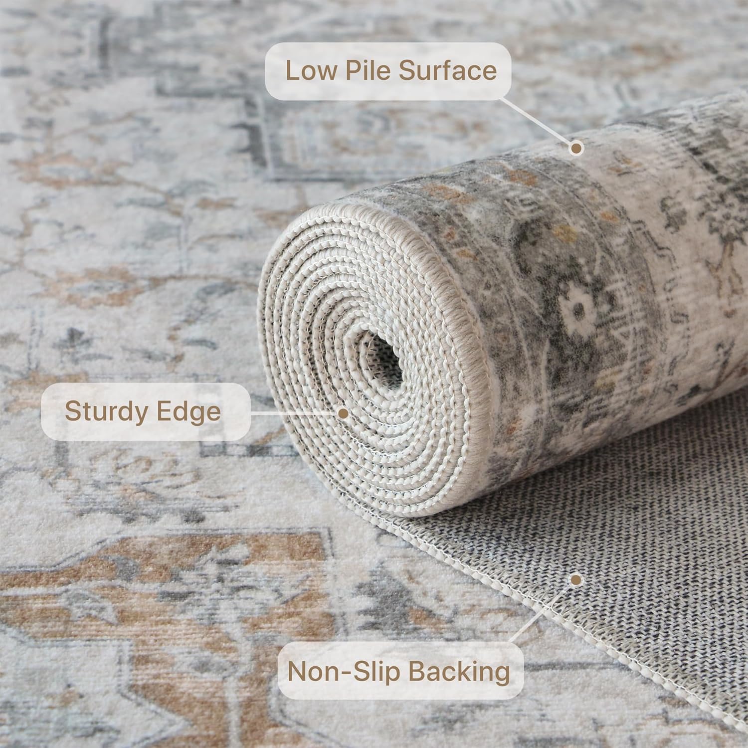 GENIMO 5X7 Area Rugs for Living Room, Machine Washable Non Slip Vintage Rugs, Low Pile Lightweight Chenille Print Rug for Bedroom, Dining Room, Home Office, Light Taupe Brown - Image 5