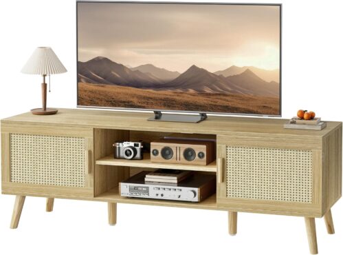 SUPERJARE Boho TV Stand for 65 Inch TV, Entertainment Center with Adjustable Shelf, Rattan TV Console with 2 Cabinets, Media Console, Solid Wood Feet, 4 Cord Holes, for Living Room – Natural