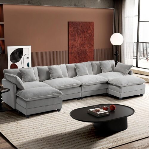 Ihanherry 146″ U-Shaped Modern Sofa Modular Sectional Cloud Couch with 2 Ottoman, 6-Seat Chenille Deep Seat Sofa with 6 Pillows for Living Room, Bedroom and Apartment, Grey