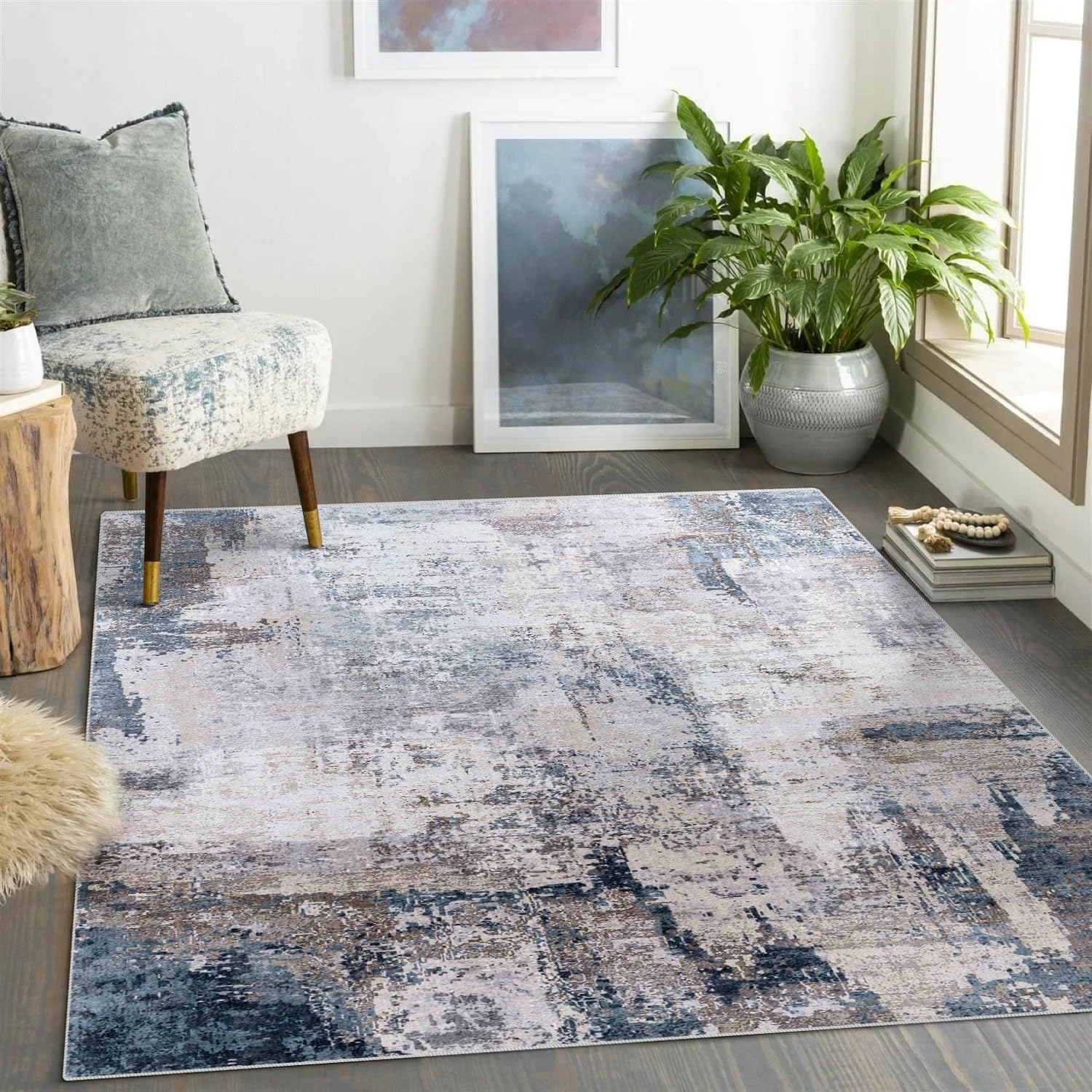 vivorug Washable Rug, Ultra Soft Area Rug 8x10, Non Slip Abstract Rug Carpet, Stain Resistant Rugs for Living Room Bedroom, Modern Fluffy Rug (Gray/Navy, 8'x10') - Image 7