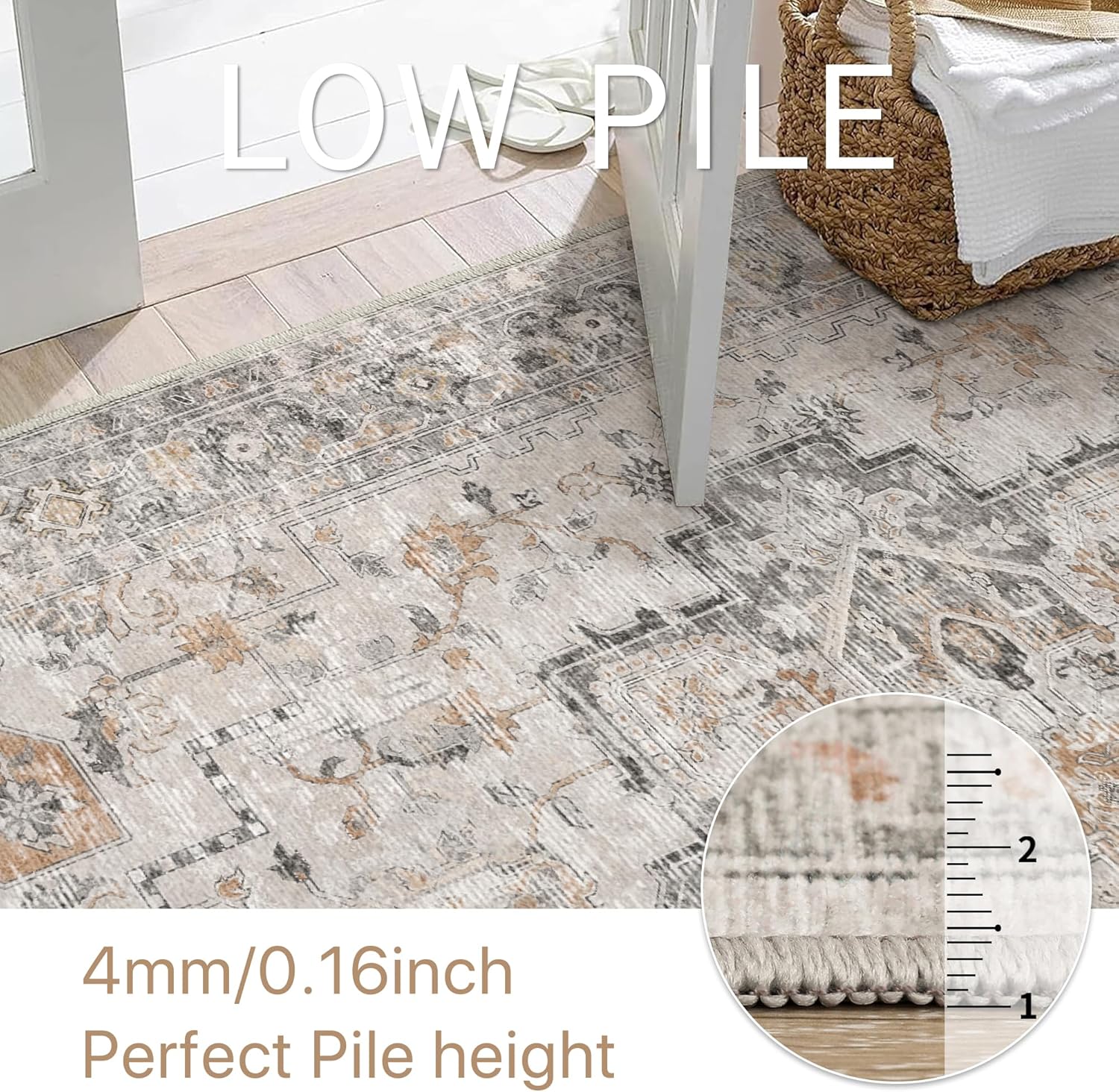 GENIMO 5X7 Area Rugs for Living Room, Machine Washable Non Slip Vintage Rugs, Low Pile Lightweight Chenille Print Rug for Bedroom, Dining Room, Home Office, Light Taupe Brown - Image 6
