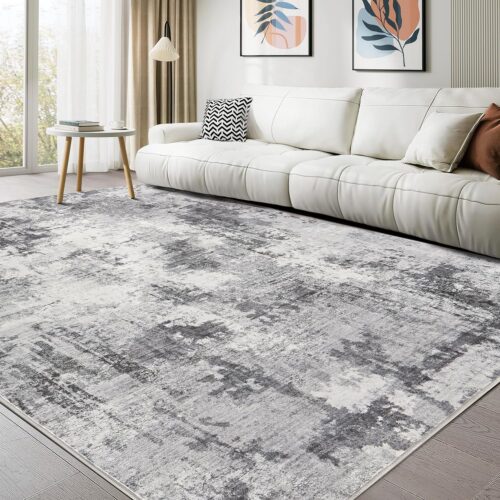 Washable Rug 9×12 Area Rugs for Living Room: Modern Abstract Neutral Soft Large Rug for Bedroom Dining Room Under Kitchen Table Home Office Decor – Grey