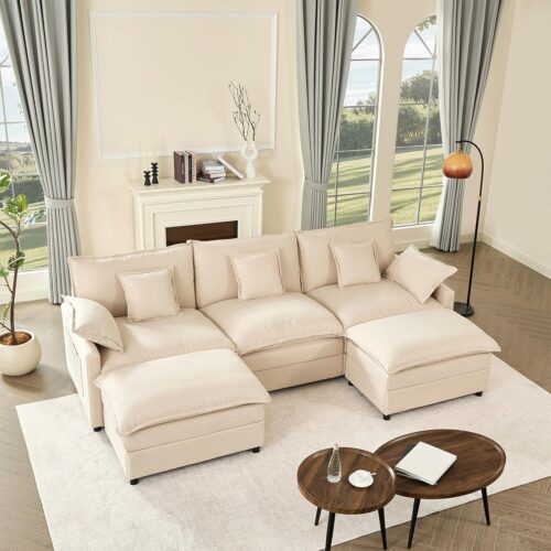 108″ U Shaped Couch, Modular Sectional Sofa, 3-Seater Comfy Cloud Couch with Movable Ottoman, Deep Seat Couches for Living Room, Linen, Beige
