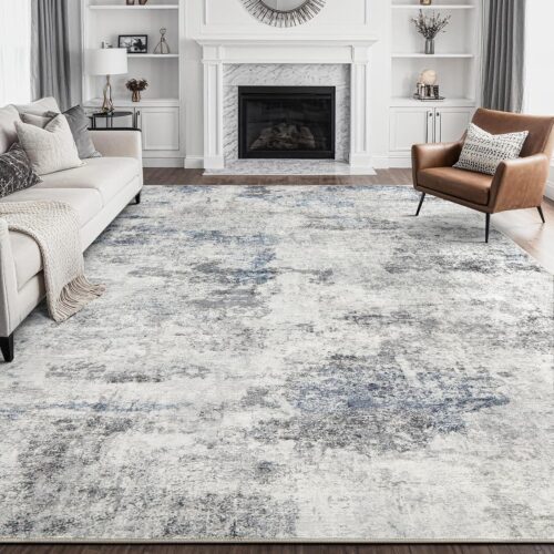 Living Room Area Rugs – 9×12 Abstract Large Soft Indoor Washable Rug Neutral Modern Low Pile Carpet for Bedroom Dining Room Farmhouse Home Office – Grey Blue