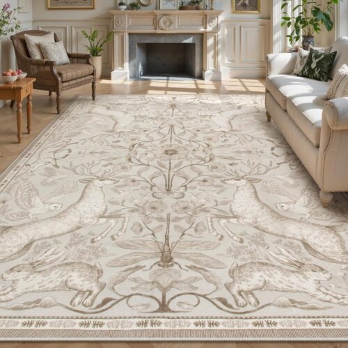 Lahome Boho Animal Washable Rugs for Living Room 8×10, Beige Soft Rugs for Bedroom, Botanical Large Boho Non Slip Dining Room Carpet for Under Table Office Kids Playroom (8x10ft,Beige)