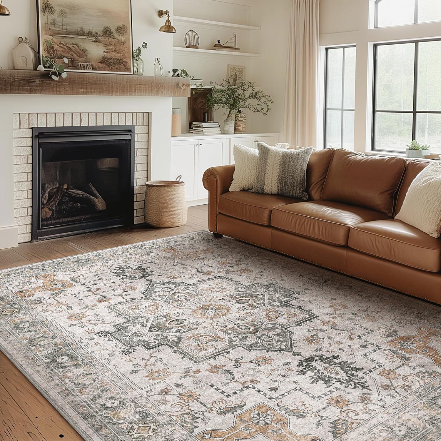 GENIMO 5X7 Area Rugs for Living Room, Machine Washable Non Slip Vintage Rugs, Low Pile Lightweight Chenille Print Rug for Bedroom, Dining Room, Home Office, Light Taupe Brown - Image 10