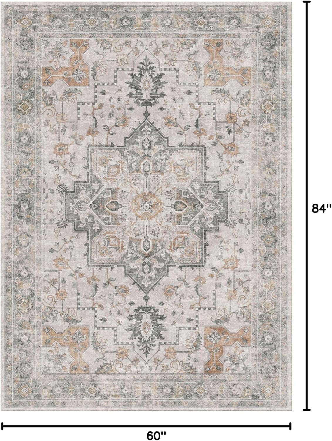 GENIMO 5X7 Area Rugs for Living Room, Machine Washable Non Slip Vintage Rugs, Low Pile Lightweight Chenille Print Rug for Bedroom, Dining Room, Home Office, Light Taupe Brown - Image 2