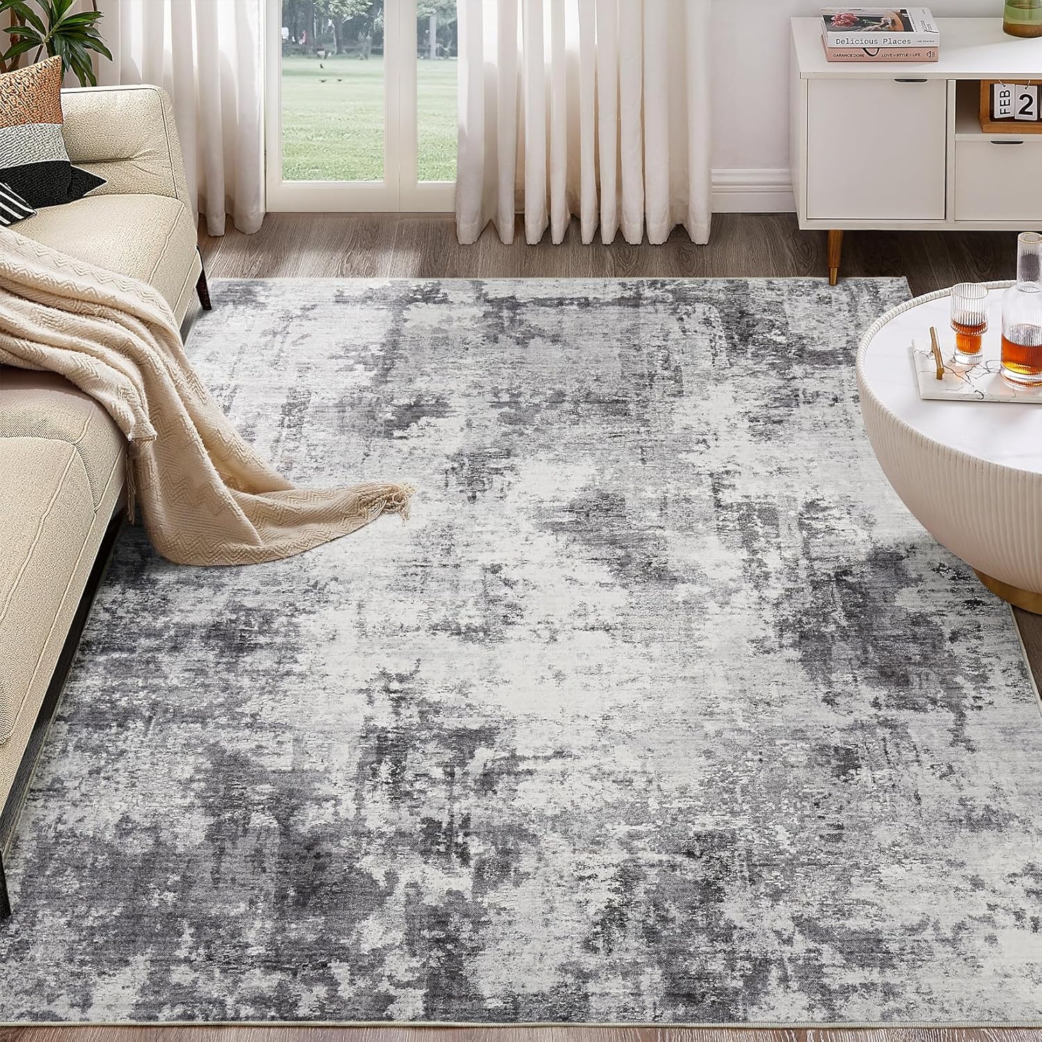 Washable Rug 9x12 Area Rugs for Living Room: Modern Abstract Neutral Soft Large Rug for Bedroom Dining Room Under Kitchen Table Home Office Decor - Grey - Image 7