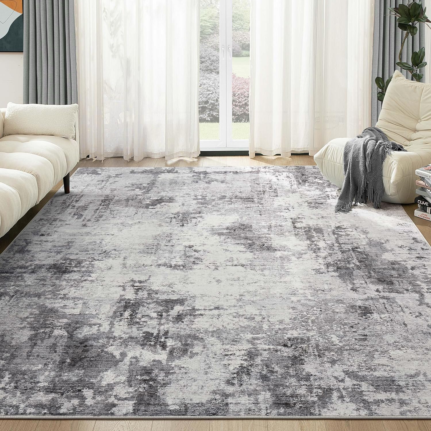 Washable Rug 9x12 Area Rugs for Living Room: Modern Abstract Neutral Soft Large Rug for Bedroom Dining Room Under Kitchen Table Home Office Decor - Grey - Image 3