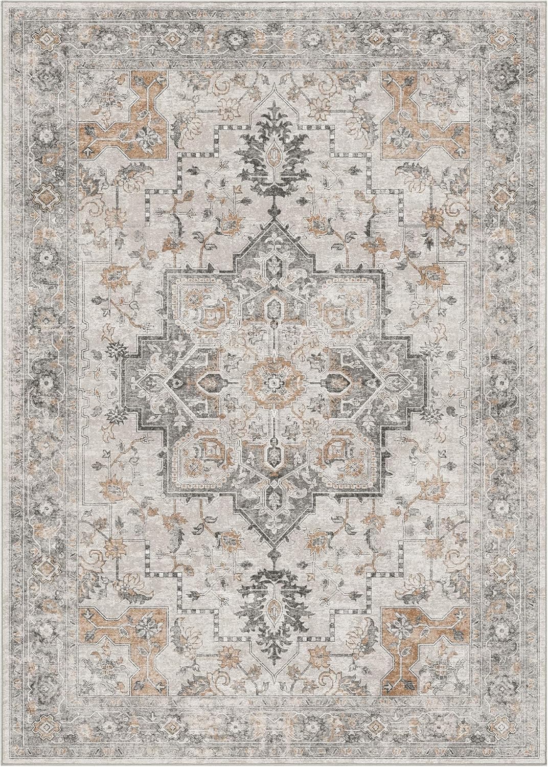GENIMO 5X7 Area Rugs for Living Room, Machine Washable Non Slip Vintage Rugs, Low Pile Lightweight Chenille Print Rug for Bedroom, Dining Room, Home Office, Light Taupe Brown - Image 8